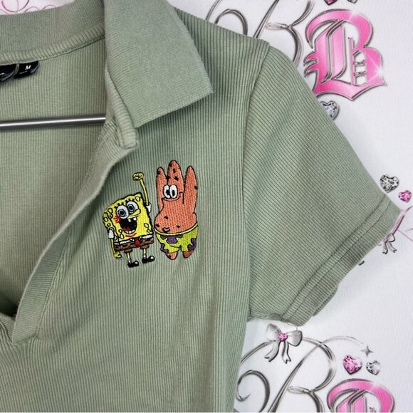 Nickelodeon cropped tshirt SpongeBob Patrick Olive Green Crop Top Embroidery y2k - Picture 5 of 7